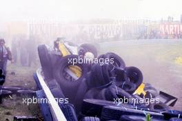 Rene Arnoux (FRA) Renault RE 30B Turbo Renault Elf without a front wheel crash at Tarzan corner