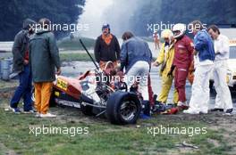 Didier Pironi (FRA) Ferrari 126 C2 injured after crashing into Alain Prost (FRA) during qualifying
