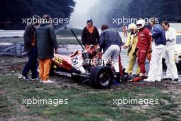 Didier Pironi (FRA) Ferrari 126 C2 injured after crashing into Alain Prost (FRA) during qualifying
