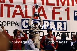 Nelson Piquet (BRA) Brabham 1st position,Rene Arnoux (FRA) Ferrari 2nd position and Eddie Cheever (USA) Renault 3rd position celebrates podium