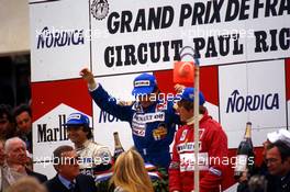Alain Prost (FRA) Renault 1st position,Nelson Piquet Brabham 2nd position,Eddie Cheever (USA) Renault 3rd position celebrates podium with President Fia and FFSA Jean Marie Balestre