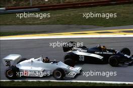 Thierry Boutsen (BEL) Arrows A6 Ford Cosworth battles with Roberto Guerreo (COL) Theodore N183 Ford Cosworth