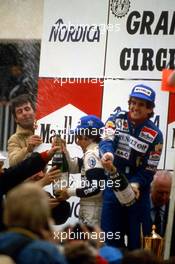 Alain Prost (FRA) Renault 1st position,Nelson Piquet Brabham 2nd position celebrates podium