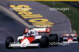 Alain Prost (FRA) McLaren Mp4/2 Tag Porsche leads teammate Niki Lauda (AUT) 1st position