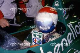 Eddie Cheever (USA) Alfa Romeo 184T with a special helmet for the rain