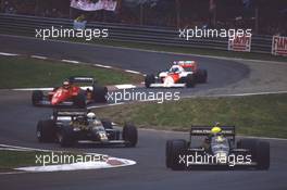 Ayrton Senna da Silva (BRA) Lotus 97T Renault leads teammate Elio de Angelis (ITA) 1st position at Variante Acque Minerali