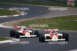 Niki Lauda (AUT) McLaren MP4/2B Tag Porsche leads team-mate Alain Prost (FRA)