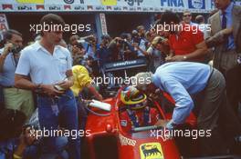 Gianni Agnelli (ITA)  talks with Michele Alboreto (ITA) Ferrari