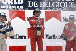 Andrea de Cesaris (ITA) Brabham 3rd position, Alain Prost (FRA) McLaren 1st position,Stefan Johansson (SWE) McLaren 2nd position celebrate podium