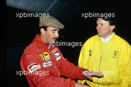 Nigel Mansell (GBR) Ferrari talks with John Barnard (GBR) during a test