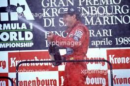 Ayrton Senna da Silva (BRA) McLaren MP4/5 Honda 1st position celebrates on podium