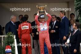 Ayrton Senna da Silva (BRA) McLaren 1st position celebrate victory