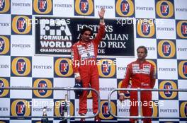 Ayrton Senna da Silva (BRA) McLaren 1st position and Gerhard Berger (AUT) McLaren 3rd position celebrate podium