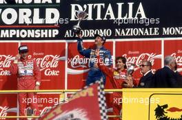 Ayrton Senna da Silva (BRA) McLaren 2nd position Nigel Mansell (GBR) Williams 1st Alain Prost (FRA) Ferrari 3rd position celebrate podium