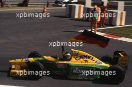 Michael Schumacher (GER) Benetton B193B Ford Cosworth 2nd Place with the  German flag,  29/8/1993 Belgian Grand Prix Spa Francorchamps, Belgium