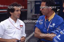 Cesare Fiorio (ITA) talks with Alain Prost (ITA) test driver McLaren Mercedes