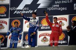 Jean Alesi (FRA) Benetton 2nd position Damon Hill (GBR) Williams 1st position Michael Schumacher (GER) Ferrari 3rd position celebrate podium