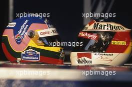 Jacques Villeneuve (CDN) Williams and Michael Schumacher (GER) Ferrari helmets