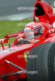 08.06.2002 Montreal, Kanada, F1 in Montreal, Training am Samstag, Michael Schumacher (Ferrari, F2002, Nr. 01) auf der Strecke, Formel 1 Grand Prix (GP) von Canada 2002, Ile Notre-Dame c xpb.cc - Email: info@xpb.cc, weitere Bilder auf der Datenbank: www.xpb.cc