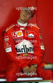 07.06.2002 Montreal, Kanada, F1 in Montreal, Training am Donnerstag, Michael Schumacher (Ferrari, F2002, Nr. 01) in der Box, Formel 1 Grand Prix (GP) von Canada 2002, Ile Notre-Dame c xpb.cc - Email: info@xpb.cc, weitere Bilder auf der Datenbank: www.xpb.cc