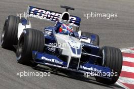 26.04.2002 Barcelona, Spanien, Barcelona, Training am Freitag, Juan Pablo Montoya (BMW WilliamsF1) auf der Strecke, Formel 1 Grand Prix (GP) von Spanien 2002. c xpb.cc Email: info@xpb.cc, weitere Bilder auf der Datenbank: www.xpb.cc