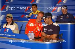22.05.2002 Monte Carlo, Monaco, F1 in Monaco, Pressekonferenz der FIA am Mittwoch mit Jaques Villeneuve (BAR Honda), Rubens Barrichello (Ferrari), Juan Pablo Montoya (BMW Williams F1), Takuma Sato (Jordan Honda),  Nick Heidfeld (Sauber Petronas), Formel 1 Grand Prix (GP) von Monaco 2002 in Monte Carlo, Monaco c xpb.cc Email: info@xpb.cc, weitere Bilder auf der Datenbank: www.xpb.cc