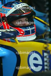 27.09.2002 Indianapolis, USA, F1 in Indianapolis, Freitag, Jenson Button (RenaultF1) in der Box, 2002 SAP United States Grand Prix - (USGP, Formel 1, USA, Grand Prix, GP). c xpb.cc - weitere Bilder auf der Datenbank unter www.xpb.cc - Email: info@xpb.cc