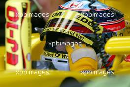 28.09.2002 Indianapolis, USA, F1 in Indianapolis, Samstag, Takuma Sato (Jordan Honda) in der Box, 2002 SAP United States Grand Prix - (USGP, Formel 1, USA, Grand Prix, GP). c xpb.cc - weitere Bilder auf der Datenbank unter www.xpb.cc - Email: info@xpb.cc