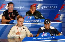 26.09.2002 Indianapolis, USA, F1 in Indianapolis, Donnerstag, FIA Pressekonferenz mit: Rubens Barrichello (Ferrari), Juan Pablo Montoya (BMW WilliamsF1), David Coulthard (McLaren Mercedes), Niki Lauda (Jaguar), 2002 SAP United States Grand Prix - (USGP, Formel 1, USA, Grand Prix, GP). c xpb.cc - weitere Bilder auf der Datenbank unter www.xpb.cc - Email: info@xpb.cc