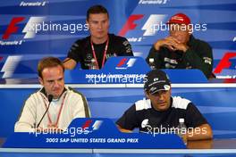 26.09.2002 Indianapolis, USA, F1 in Indianapolis, Donnerstag, FIA Pressekonferenz mit: Rubens Barrichello (Ferrari), Juan Pablo Montoya (BMW WilliamsF1), David Coulthard (McLaren Mercedes), Niki Lauda (Jaguar), 2002 SAP United States Grand Prix - (USGP, Formel 1, USA, Grand Prix, GP). c xpb.cc - weitere Bilder auf der Datenbank unter www.xpb.cc - Email: info@xpb.cc