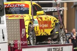 06.06.2003 Klettwitz, Deutschland, The car of Christian Abt (GER), Hasseröder Abt-Audi, Abt-Audi TT-R, being returned to the pits, after a massive crash into the concrete wall - DTM 2003 in Klettwitz, EuroSpeedway Lausitz, Lausitzring (Deutsche Tourenwagen Masters)  - Weitere Bilder auf www.xpb.cc, eMail: info@xpb.cc - Belegexemplare senden. c Copyright: Kennzeichnung mit: Miltenburg / xpb.cc