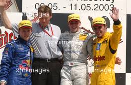 11.05.2003 Adria, Italien, Podium, Christijan Albers (NED), ExpressService AMG-Mercedes, Portrait (1st, center), Mattias Ekström (SWE), PlayStation 2 Red Bull Abt-Audi, Portrait (2nd, left), Laurent Aiello (FRA), Hasseröder Abt-Audi, Portrait (3rd, right) - DTM 2003 in Adria, Adria International Raceway (Deutsche Tourenwagen Masters)  - Weitere Bilder auf www.xpb.cc, eMail: info@xpb.cc - Belegexemplare senden. c Copyright: Kennzeichnung mit: Miltenburg / xpb.cc