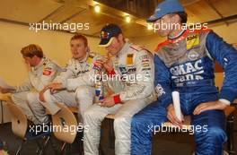 24.05.2003 Nürburg, Deutschland, Press Conference, The four top driver from Super Pole Qualifying, from left to right: Christijan Albers (NED), Express-Service AMG-Mercedes, Marcel Fässler (CHE), AMG-Mercedes, Martin Tomczyk (GER), S line Audi Junior Team, and Alain Menu (CHE), OPC Team Holzer - DTM 2003 in Nürburg, Grand-Prix-Kurs des Nürburgring (Deutsche Tourenwagen Masters)  - Weitere Bilder auf www.xpb.cc, eMail: info@xpb.cc - Belegexemplare senden. c Copyright: Kennzeichnung mit: Miltenburg / xpb.cc