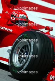 16.05.2003 Spielberg, Österreich, AT, Formel1, Freitag, Michael Schumacher (D, 01), Scuderia Ferrari Marlboro, F2003-GA, auf der Strecke (Track) mit den neuen Bridgestone Reifen - Formel 1 Grand Prix (GP) von Austria 2003 auf dem A1 Ring, Oesterreich, Zeltweg, Spielberg, Austria - Weitere Bilder auf www.xpb.cc, eMail: info@xpb.cc - Belegexemplare senden. Abdruck ist honorarpflichtig. c Copyrightnachweis: xpb.cc