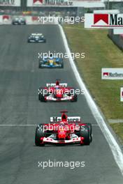 04.05.2003 Granollers, Spanien, BCN, Formel1, Sonntag, Rennen, GP von Spanien, Michael Schumacher (D, Ferrari), Rubens Barrichello (BR, Ferrari), Fernando Alonso (E, 08), Mild Seven Renault F1 Team, R23, auf der Strecke (Track) - (Barcelona, Spanien, Spain, Circuit de Catalunya, Grand Prix of Spain 2003, Formel 1, F1)  - Weitere Bilder auf www.xpb.cc, eMail: info@xpb.cc - Belegexemplare senden. Abdruck ist honorarpflichtig. c Copyrightnachweis: xpb.cc