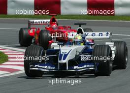 15.06.2003 Montreal, Kanada, CAN, Formel1, Sonntag, Rennen, Ralf Schumacher (D, 04), BMW WilliamsF1 Team, FW25, auf der Strecke (Track) vor Michael Schumacher (D, Ferrari) - Formel 1 Grand Prix (GP) von Kanada 2003 auf dem Circuit Gilles Villeneuve, Ile Notre-Dame, Canada, Quebec, F1 - Weitere Bilder auf www.xpb.cc, eMail: info@xpb.cc - Belegexemplare senden. Abdruck ist honorarpflichtig. c Copyrightnachweis: xpb.cc