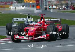 15.06.2003 Montreal, Kanada, CAN, Formel1, Sonntag, Rennen, Michael Schumacher (D, 01), Scuderia Ferrari Marlboro, F2003-GA, auf der Strecke (Track) vor Ralf Schumacher (D, BMW WilliamsF1) - Formel 1 Grand Prix (GP) von Kanada 2003 auf dem Circuit Gilles Villeneuve, Ile Notre-Dame, Canada, Quebec, F1 - Weitere Bilder auf www.xpb.cc, eMail: info@xpb.cc - Belegexemplare senden. Abdruck ist honorarpflichtig. c Copyrightnachweis: xpb.cc