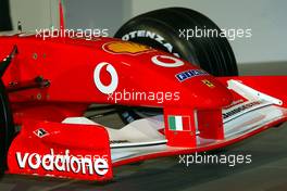 07.02.2003 Maranello, Italien, Ferrari, offizielle Formel1 Präsentation (Launch des F2003GA), Scuderia Ferrari Marlboro, in der neuen Logistik-Halle auf dem Gelände von Ferrari, TECHNIK FEATURE: vordere Nase - (Februar, Mugello, Italy, Formel 1, F1, 2003)  c Copyright: Photos mit - xpb.cc - kennzeichnen, weitere Bilder auf der Bilddatenbank