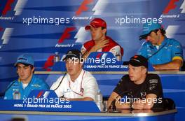 03.07.2003 Magny - Cours, Frankreich, F1, Donnerstag, FIA Pressekonferenz mit Fernando Alonso (E, 08), Renault F1 Team, Ralf Schumacher (D, BMW WilliamsF1), Kimi Raikkonen, (FIN, McLaren Mercedes), Olivier Panis (F, Toyota Racing), Jarno Trulli (I, Renault F1 Team) - Magny - Cours, Circuit de Nevers, Formel 1 Grand Prix (GP) von Frankreich 2003, France, Nevers - Alle Bilder auf www.xpb.cc, eMail: info@xpb.cc - Abdruck ist honorarpflichtig. c Copyrightnachweis: xpb.cc