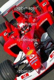 19.07.2003 Silverstone, England, UK - F1, Samstag, Michael Schumacher (D, 01), Scuderia Ferrari Marlboro, F2003-GA, auf der Strecke (Track) - Silverstone Grand Prix Circuit, Großer Preis von Großbritannien 2003, GP, Formel 1, England, UK, Great Britain, Foster's British Grand Prix - Alle Bilder auf www.xpb.cc, eMail: info@xpb.cc - Abdruck ist honorarpflichtig. c Copyrightnachweis: xpb.cc