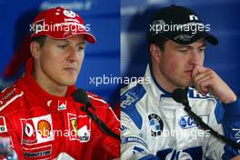 19.04.2003 Imola, San Marino, SM, Formel1, Samstag, Qualifying, Michael Schumacher (D, Ferrari) und Ralf Schumacher (D, BMW WilliamsF1) bei der Pressekonferenz, BILDCOMBO - (Imola, Autodromo Enzo e Dino Ferrari, 4,933 km - Grand Prix of San Marino 2003, Formel 1, F1)  - Weitere Bilder auf www.xpb.cc, eMail: info@xpb.cc - Belegexemplare senden. Abdruck ist honorarpflichtig. c Copyrightnachweis: xpb.cc