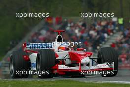 19.04.2003 Imola, San Marino, SM, Formel1, Samstag, Qualifying, Olivier Panis (F, 20), Panasonic Toyota Racing, TF103, auf der Strecke (Track) - (Imola, Autodromo Enzo e Dino Ferrari, 4,933 km - Grand Prix of San Marino 2003, Formel 1, F1)  - Weitere Bilder auf www.xpb.cc, eMail: info@xpb.cc - Belegexemplare senden. Abdruck ist honorarpflichtig. c Copyrightnachweis: xpb.cc