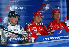 19.04.2003 Imola, San Marino, SM, Formel1, Samstag, Qualifying, Pressekonferenz mit Ralf Schumacher (D, BMW WilliamsF1), Michael Schumacher (D, Ferrari), Rubens Barrichello (BR, Ferrari) - (Imola, Autodromo Enzo e Dino Ferrari, 4,933 km - Grand Prix of San Marino 2003, Formel 1, F1)  - Weitere Bilder auf www.xpb.cc, eMail: info@xpb.cc - Belegexemplare senden. Abdruck ist honorarpflichtig. c Copyrightnachweis: xpb.cc