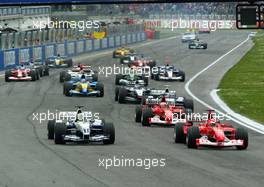 20.04.2003 Imola, San Marino, SM, Formel1, Sonntag (Ostern), Start zum GP vom San Marino, Ralf Schumacher (D, 04), BMW WilliamsF1 Team, FW25, auf der Strecke (Track) vor Michael Schumacher (D, Ferrari), Rubens Barrichello (BR, Ferrari), Juan-Pablo Montoya (CO, BMW WilliamsF1)  - (Rennen, Imola, Autodromo Enzo e Dino Ferrari, 4,933 km - Grand Prix of San Marino 2003, Formel 1, F1)  - Weitere Bilder auf www.xpb.cc, eMail: info@xpb.cc - Belegexemplare senden. Abdruck ist honorarpflichtig. c Copyrightnachweis: xpb.cc