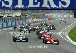 20.04.2003 Imola, San Marino, SM, Formel1, Sonntag (Ostern), Start zum GP vom San Marino, Ralf Schumacher (D, 04), BMW WilliamsF1 Team, FW25, auf der Strecke (Track) vor Michael Schumacher (D, Ferrari), Rubens Barrichello (BR, Ferrari), Juan-Pablo Montoya (CO, BMW WilliamsF1)  - (Rennen, Imola, Autodromo Enzo e Dino Ferrari, 4,933 km - Grand Prix of San Marino 2003, Formel 1, F1)  - Weitere Bilder auf www.xpb.cc, eMail: info@xpb.cc - Belegexemplare senden. Abdruck ist honorarpflichtig. c Copyrightnachweis: xpb.cc