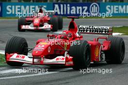 20.04.2003 Imola, San Marino, SM, Formel1, Sonntag (Ostern), Rennen, Michael Schumacher (D, Ferrari) und Rubens Barrichello (BR, Ferrari) - (Imola, Autodromo Enzo e Dino Ferrari, 4,933 km - Grand Prix of San Marino 2003, Formel 1, F1)  - Weitere Bilder auf www.xpb.cc, eMail: info@xpb.cc - Belegexemplare senden. Abdruck ist honorarpflichtig. c Copyrightnachweis:  photo4 / xpb.cc - LEGAL NOTICE: THIS PICTURE IS NOT FOR ITALY PRINT USE, KEINE PRINT BILDNUTZUNG IN ITALIEN!