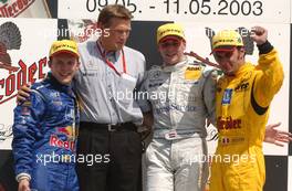 11.05.2003 Adria, Italien, Podium, Christijan Albers (NED), ExpressService AMG-Mercedes, Portrait (1st, center), Mattias Ekström (SWE), PlayStation 2 Red Bull Abt-Audi, Portrait (2nd, left), Laurent Aiello (FRA), Hasseröder Abt-Audi, Portrait (3rd, right) - F3 Euro Series 2003 in Adria, Adria International Raceway (Formel 3 Euro Series)  - Weitere Bilder auf www.xpb.cc, eMail: info@xpb.cc - Belegexemplare senden. c Copyright: Kennzeichnung mit: Miltenburg / xpb.cc