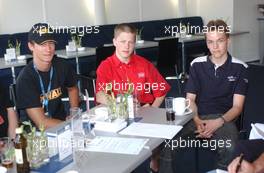 07.06.2003 Klettwitz, Deutschland, Drivers meet the press. From left to right: René Rast (GER), KUG / DEWALT Racing, Aki Rask (FIN), Mücke Motorsport, and Maximilian Götz (GER), Mücke Motorsport - Formel BMW ADAC Meisterschaft 2003 in Klettwitz, EuroSpeedway Lausitz, Lausitzring (Formel BMW ADAC Meisterschaft)  - Weitere Bilder auf www.xpb.cc, eMail: info@xpb.cc - Belegexemplare senden. c Copyright: Kennzeichnung mit: Miltenburg / xpb.cc