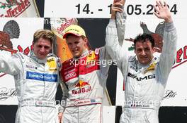 16.05.2004 Adria, Italy,  DTM, Sunday, Podium, Mattias Ekström (SWE), Audi Sport Team Abt, Portrait (1st, center), Christijan Albers (NED), DaimlerChrysler Bank AMG-Mercedes, Portrait (2nd, left), and Jean Alesi (FRA), AMG-Mercedes, Portrait (3rd, right) - DTM Season 2004 at Adria International Raceway (Deutsche Tourenwagen Masters, Italy)