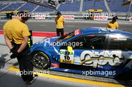 04.06.2004 Klettwitz, Germany,  DTM, Friday, Manuel Reuter (GER), OPC Team Holzer, Opel Vectra GTS V8, doing a practice stop in the pitlane at the exact position where he has to stop for the pitstops - DTM Season 2004 at Lausitzring (Deutsche Tourenwagen Masters)